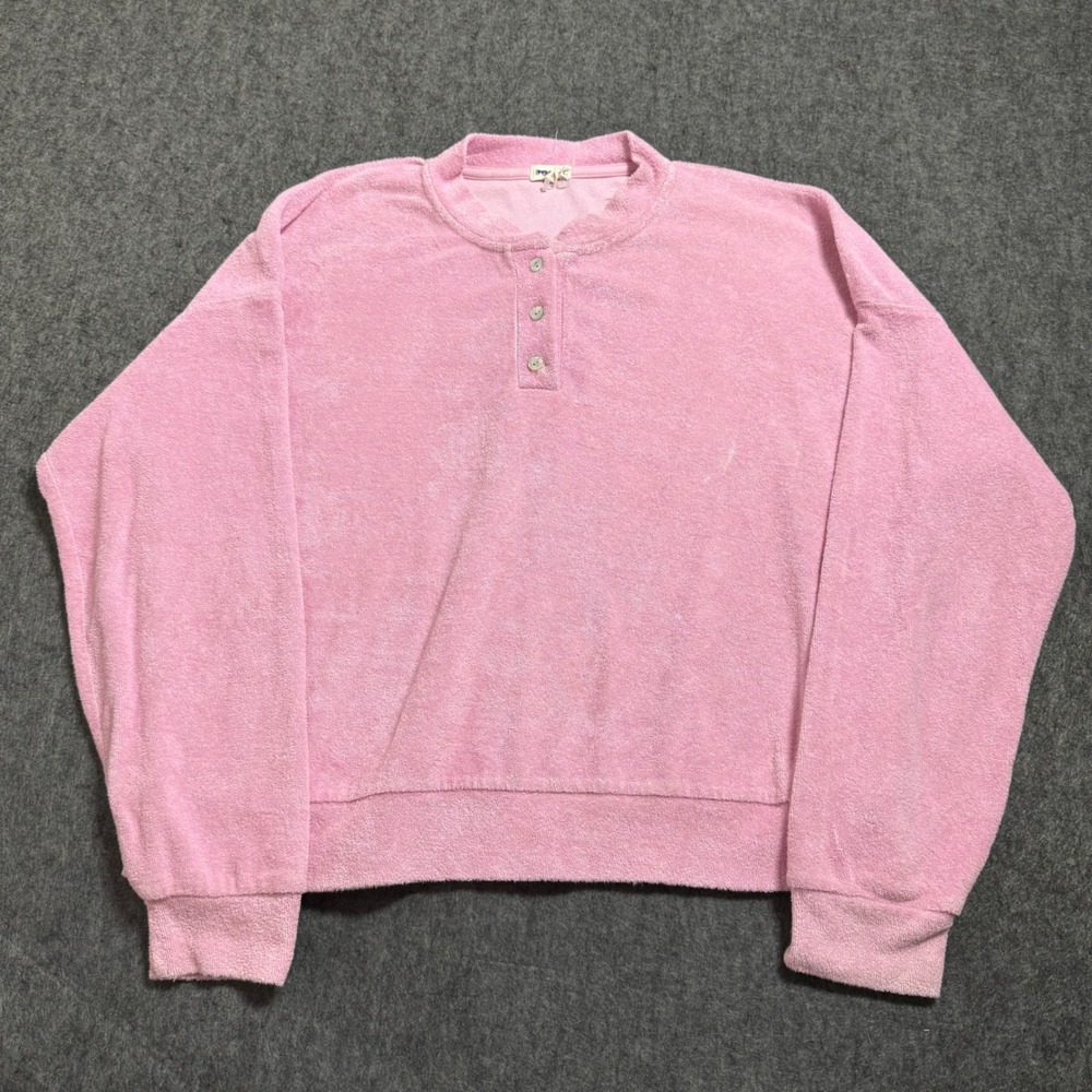 Donni Pink Terry Cloth Henley Sweatshirt Long Sleeve Pullover Made in USA Size M